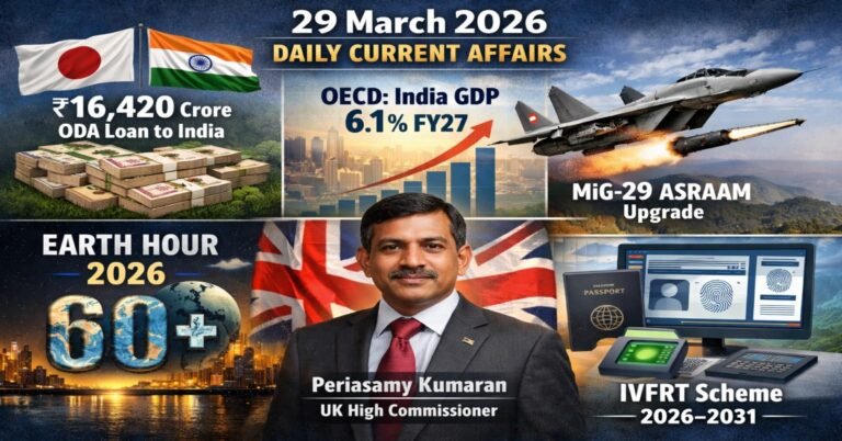 29 March 2026 Daily Current Affairs featuring Japan ODA loan to India, OECD GDP forecast, MiG-29 ASRAAM upgrade, Earth Hour 2026, Periasamy Kumaran and IVFRT Scheme