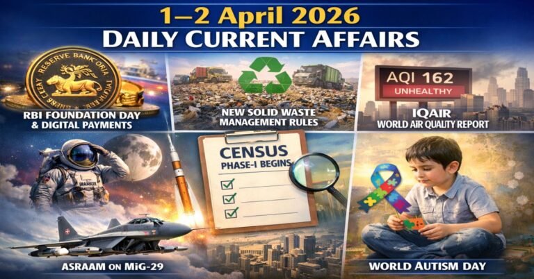 1–2 April 2026 Daily Current Affairs featured image covering RBI Foundation Day, digital payments, solid waste management rules, Census Phase-I, Artemis II mission, IQAir air quality report, ASRAAM on MiG-29, and World Autism Day
