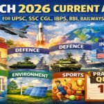 March 2026 Current Affairs for UPSC SSC CGL IBPS RBI Railways with economy defence science tech international sports environment and 15 question quiz