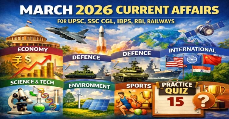 March 2026 Current Affairs for UPSC SSC CGL IBPS RBI Railways with economy defence science tech international sports environment and 15 question quiz