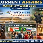 Current Affairs March 4th Week 2026 featured image covering Noida International Airport inauguration, WTO MC14, India ends Naxalism, Agnite 3D rocket engine, BRICS Youth Meeting, RNG Awards 2026 and COVID BA.3.2 variant for UPSC SSC exams