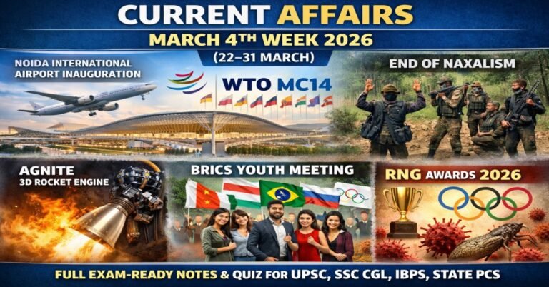 Current Affairs March 4th Week 2026 featured image covering Noida International Airport inauguration, WTO MC14, India ends Naxalism, Agnite 3D rocket engine, BRICS Youth Meeting, RNG Awards 2026 and COVID BA.3.2 variant for UPSC SSC exams