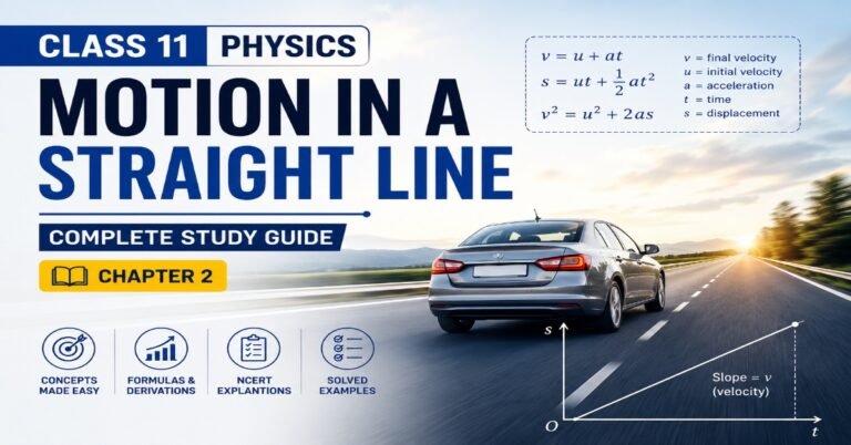 Motion in a Straight Line Class 11 Physics Chapter 2 complete study guide with car motion illustration and physics formulas