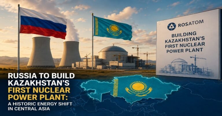 Russia and Kazakhstan flags near a modern nuclear power plant representing Kazakhstan’s first nuclear energy project in Central Asia.