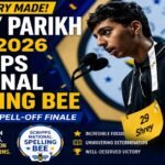 Shrey Parikh competing at the 2026 Scripps National Spelling Bee during the historic spell-off finale