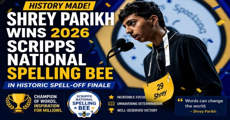 Shrey Parikh competing at the 2026 Scripps National Spelling Bee during the historic spell-off finale