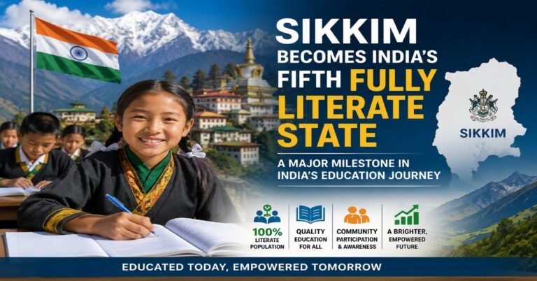 School students in Sikkim celebrating Sikkim becoming India’s fifth fully literate state with Himalayan mountains in the background.